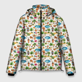 Мужская зимняя куртка 3D с принтом Пляжные зонты паттерн в Екатеринбурге, верх — 100% полиэстер; подкладка — 100% полиэстер; утеплитель — 100% полиэстер | длина ниже бедра, свободный силуэт Оверсайз. Есть воротник-стойка, отстегивающийся капюшон и ветрозащитная планка. 

Боковые карманы с листочкой на кнопках и внутренний карман на молнии. | 