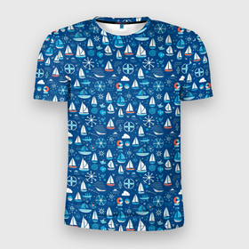Мужская футболка 3D Slim с принтом Кораблики синий фон в Екатеринбурге, 100% полиэстер с улучшенными характеристиками | приталенный силуэт, круглая горловина, широкие плечи, сужается к линии бедра | 