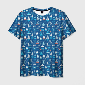 Мужская футболка 3D с принтом Кораблики синий фон в Санкт-Петербурге, 100% полиэфир | прямой крой, круглый вырез горловины, длина до линии бедер | 