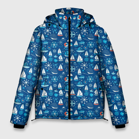 Мужская зимняя куртка 3D с принтом Кораблики синий фон в Санкт-Петербурге, верх — 100% полиэстер; подкладка — 100% полиэстер; утеплитель — 100% полиэстер | длина ниже бедра, свободный силуэт Оверсайз. Есть воротник-стойка, отстегивающийся капюшон и ветрозащитная планка. 

Боковые карманы с листочкой на кнопках и внутренний карман на молнии. | Тематика изображения на принте: 