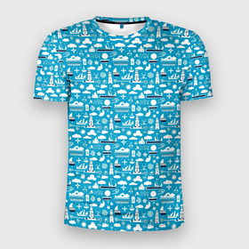 Мужская футболка 3D Slim с принтом Маяк и кораблик паттерн в Белгороде, 100% полиэстер с улучшенными характеристиками | приталенный силуэт, круглая горловина, широкие плечи, сужается к линии бедра | Тематика изображения на принте: 