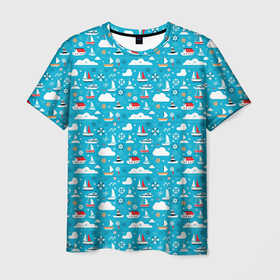 Мужская футболка 3D с принтом Кораблики и облака , 100% полиэфир | прямой крой, круглый вырез горловины, длина до линии бедер | 