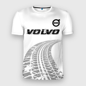 Мужская футболка 3D Slim с принтом Volvo speed на светлом фоне со следами шин: символ сверху в Белгороде, 100% полиэстер с улучшенными характеристиками | приталенный силуэт, круглая горловина, широкие плечи, сужается к линии бедра | 
