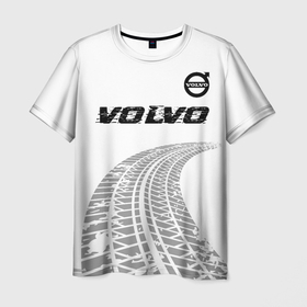 Мужская футболка 3D с принтом Volvo speed на светлом фоне со следами шин: символ сверху в Новосибирске, 100% полиэфир | прямой крой, круглый вырез горловины, длина до линии бедер | 