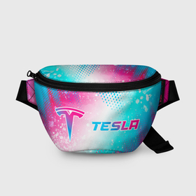 Поясная сумка 3D с принтом Tesla neon gradient style: надпись и символ в Петрозаводске, 100% полиэстер | плотная ткань, ремень с регулируемой длиной, внутри несколько карманов для мелочей, основное отделение и карман с обратной стороны сумки застегиваются на молнию | 