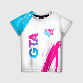 Детская футболка 3D с принтом GTA neon gradient style: надпись, символ в Санкт-Петербурге, 100% гипоаллергенный полиэфир | прямой крой, круглый вырез горловины, длина до линии бедер, чуть спущенное плечо, ткань немного тянется | 