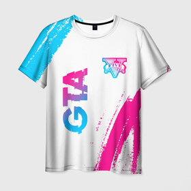 Мужская футболка 3D с принтом GTA neon gradient style: надпись, символ в Петрозаводске, 100% полиэфир | прямой крой, круглый вырез горловины, длина до линии бедер | Тематика изображения на принте: 
