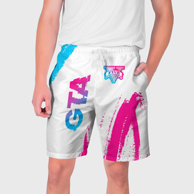 Мужские шорты 3D с принтом GTA neon gradient style: надпись, символ ,  полиэстер 100% | прямой крой, два кармана без застежек по бокам. Мягкая трикотажная резинка на поясе, внутри которой широкие завязки. Длина чуть выше колен | 