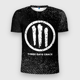 Мужская футболка 3D Slim с принтом Three Days Grace с потертостями на темном фоне , 100% полиэстер с улучшенными характеристиками | приталенный силуэт, круглая горловина, широкие плечи, сужается к линии бедра | 