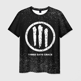 Мужская футболка 3D с принтом Three Days Grace с потертостями на темном фоне в Санкт-Петербурге, 100% полиэфир | прямой крой, круглый вырез горловины, длина до линии бедер | 