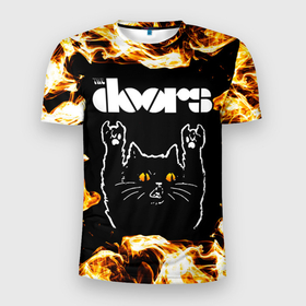 Мужская футболка 3D Slim с принтом The Doors рок кот и огонь в Санкт-Петербурге, 100% полиэстер с улучшенными характеристиками | приталенный силуэт, круглая горловина, широкие плечи, сужается к линии бедра | 