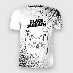 Мужская футболка 3D Slim с принтом Black Sabbath рок кот на светлом фоне в Кировске, 100% полиэстер с улучшенными характеристиками | приталенный силуэт, круглая горловина, широкие плечи, сужается к линии бедра | 