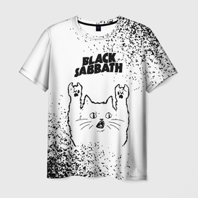 Мужская футболка 3D с принтом Black Sabbath рок кот на светлом фоне в Курске, 100% полиэфир | прямой крой, круглый вырез горловины, длина до линии бедер | Тематика изображения на принте: 