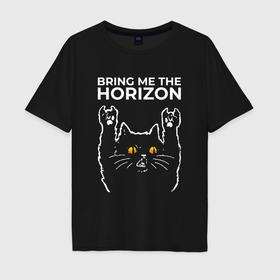 Мужская футболка хлопок Oversize с принтом Bring Me the Horizon rock cat в Новосибирске, 100% хлопок | свободный крой, круглый ворот, “спинка” длиннее передней части | Тематика изображения на принте: 