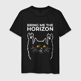 Мужская футболка хлопок с принтом Bring Me the Horizon rock cat в Екатеринбурге, 100% хлопок | прямой крой, круглый вырез горловины, длина до линии бедер, слегка спущенное плечо. | 