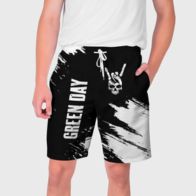 Мужские шорты 3D с принтом Green Day и рок символ на темном фоне в Белгороде,  полиэстер 100% | прямой крой, два кармана без застежек по бокам. Мягкая трикотажная резинка на поясе, внутри которой широкие завязки. Длина чуть выше колен | 
