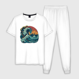 Мужская пижама хлопок с принтом Морское чудовище в стиле японского укиё э , 100% хлопок | брюки и футболка прямого кроя, без карманов, на брюках мягкая резинка на поясе и по низу штанин
 | 