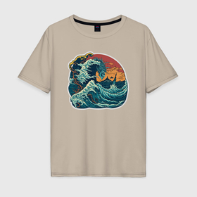 Мужская футболка хлопок Oversize с принтом Морское чудовище в стиле японского укиё э в Екатеринбурге, 100% хлопок | свободный крой, круглый ворот, “спинка” длиннее передней части | 