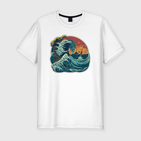 Мужская футболка хлопок Slim с принтом Морское чудовище в стиле японского укиё э в Новосибирске, 92% хлопок, 8% лайкра | приталенный силуэт, круглый вырез ворота, длина до линии бедра, короткий рукав | 