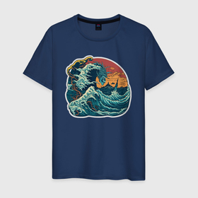 Мужская футболка хлопок с принтом Морское чудовище в стиле японского укиё э , 100% хлопок | прямой крой, круглый вырез горловины, длина до линии бедер, слегка спущенное плечо. | 