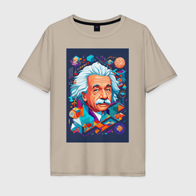 Мужская футболка хлопок Oversize с принтом Альберт Эйнштейн гениальный ученый в Тюмени, 100% хлопок | свободный крой, круглый ворот, “спинка” длиннее передней части | Тематика изображения на принте: 