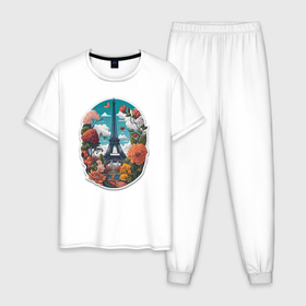 Мужская пижама хлопок с принтом Эйфелева башня в цветах в Белгороде, 100% хлопок | брюки и футболка прямого кроя, без карманов, на брюках мягкая резинка на поясе и по низу штанин
 | 