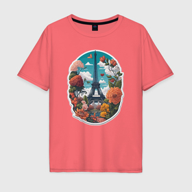 Мужская футболка хлопок Oversize с принтом Эйфелева башня в цветах , 100% хлопок | свободный крой, круглый ворот, “спинка” длиннее передней части | Тематика изображения на принте: 