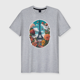 Мужская футболка хлопок Slim с принтом Эйфелева башня в цветах в Белгороде, 92% хлопок, 8% лайкра | приталенный силуэт, круглый вырез ворота, длина до линии бедра, короткий рукав | 