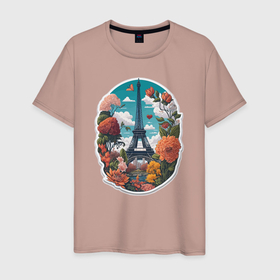 Мужская футболка хлопок с принтом Эйфелева башня в цветах в Белгороде, 100% хлопок | прямой крой, круглый вырез горловины, длина до линии бедер, слегка спущенное плечо. | 