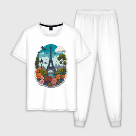 Мужская пижама хлопок с принтом Пейзаж с Эйфелевой башней и цветами в Белгороде, 100% хлопок | брюки и футболка прямого кроя, без карманов, на брюках мягкая резинка на поясе и по низу штанин
 | 