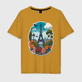 Мужская футболка хлопок Oversize с принтом Пейзаж с Эйфелевой башней и цветами , 100% хлопок | свободный крой, круглый ворот, “спинка” длиннее передней части | Тематика изображения на принте: 