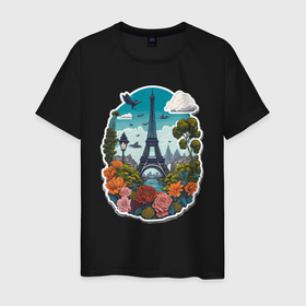 Мужская футболка хлопок с принтом Пейзаж с Эйфелевой башней и цветами , 100% хлопок | прямой крой, круглый вырез горловины, длина до линии бедер, слегка спущенное плечо. | 