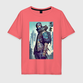 Мужская футболка хлопок Oversize с принтом Cyber ninja   neural network , 100% хлопок | свободный крой, круглый ворот, “спинка” длиннее передней части | 