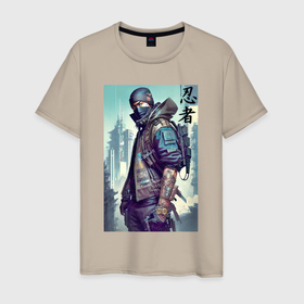 Мужская футболка хлопок с принтом Cyber ninja   neural network , 100% хлопок | прямой крой, круглый вырез горловины, длина до линии бедер, слегка спущенное плечо. | Тематика изображения на принте: 