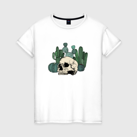 Женская футболка хлопок с принтом Череп с кактусами в Кировске, 100% хлопок | прямой крой, круглый вырез горловины, длина до линии бедер, слегка спущенное плечо | 