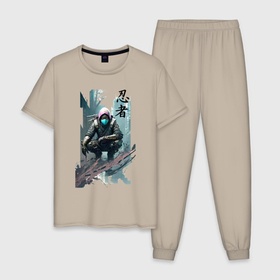 Мужская пижама хлопок с принтом Ninja   cyberpunk   neural network   sketch , 100% хлопок | брюки и футболка прямого кроя, без карманов, на брюках мягкая резинка на поясе и по низу штанин
 | Тематика изображения на принте: 