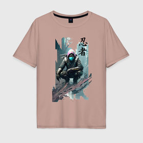Мужская футболка хлопок Oversize с принтом Ninja   cyberpunk   neural network   sketch в Тюмени, 100% хлопок | свободный крой, круглый ворот, “спинка” длиннее передней части | 