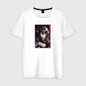 Мужская футболка хлопок с принтом Портрет боевой девушки аниме в Курске, 100% хлопок | прямой крой, круглый вырез горловины, длина до линии бедер, слегка спущенное плечо. | 