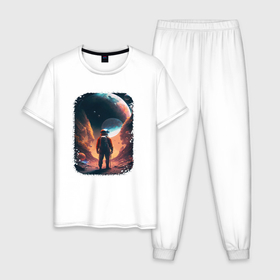 Мужская пижама хлопок с принтом Astronaut conquers space в Тюмени, 100% хлопок | брюки и футболка прямого кроя, без карманов, на брюках мягкая резинка на поясе и по низу штанин
 | Тематика изображения на принте: 