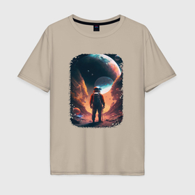 Мужская футболка хлопок Oversize с принтом Astronaut conquers space в Тюмени, 100% хлопок | свободный крой, круглый ворот, “спинка” длиннее передней части | Тематика изображения на принте: 