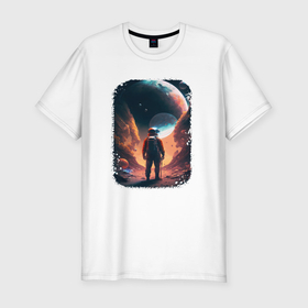 Мужская футболка хлопок Slim с принтом Astronaut conquers space в Тюмени, 92% хлопок, 8% лайкра | приталенный силуэт, круглый вырез ворота, длина до линии бедра, короткий рукав | 