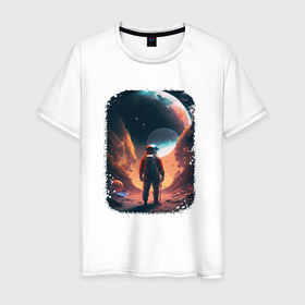 Мужская футболка хлопок с принтом Astronaut conquers space в Кировске, 100% хлопок | прямой крой, круглый вырез горловины, длина до линии бедер, слегка спущенное плечо. | Тематика изображения на принте: 