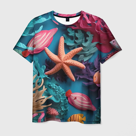 Мужская футболка 3D с принтом Морская звезда объемная , 100% полиэфир | прямой крой, круглый вырез горловины, длина до линии бедер | 