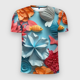 Мужская футболка 3D Slim с принтом Объемный  морской  мир в Тюмени, 100% полиэстер с улучшенными характеристиками | приталенный силуэт, круглая горловина, широкие плечи, сужается к линии бедра | Тематика изображения на принте: 