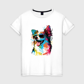 Женская футболка хлопок с принтом Joyful dog в Тюмени, 100% хлопок | прямой крой, круглый вырез горловины, длина до линии бедер, слегка спущенное плечо | 