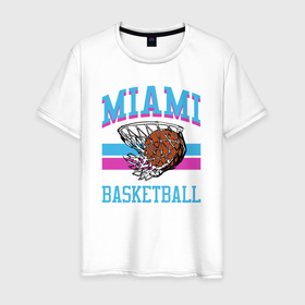Мужская футболка хлопок с принтом Basket Miami в Новосибирске, 100% хлопок | прямой крой, круглый вырез горловины, длина до линии бедер, слегка спущенное плечо. | Тематика изображения на принте: 