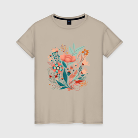 Женская футболка хлопок с принтом Цветочная иллюстрация в Курске, 100% хлопок | прямой крой, круглый вырез горловины, длина до линии бедер, слегка спущенное плечо | 