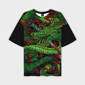 Мужская футболка oversize 3D с принтом Мифический японский зеленый дракон ,  |  | Тематика изображения на принте: 