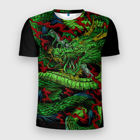 Мужская футболка 3D Slim с принтом Мифический японский зеленый дракон , 100% полиэстер с улучшенными характеристиками | приталенный силуэт, круглая горловина, широкие плечи, сужается к линии бедра | Тематика изображения на принте: 