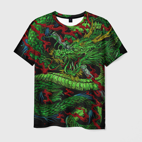 Мужская футболка 3D с принтом Мифический японский зеленый дракон , 100% полиэфир | прямой крой, круглый вырез горловины, длина до линии бедер | Тематика изображения на принте: 